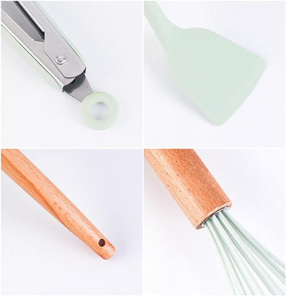 Green Silicone Utensils Kitchen Utensil Set with Multifunction Wooden Handle, Non-Stick Spatula, Ladle, Egg Shovel