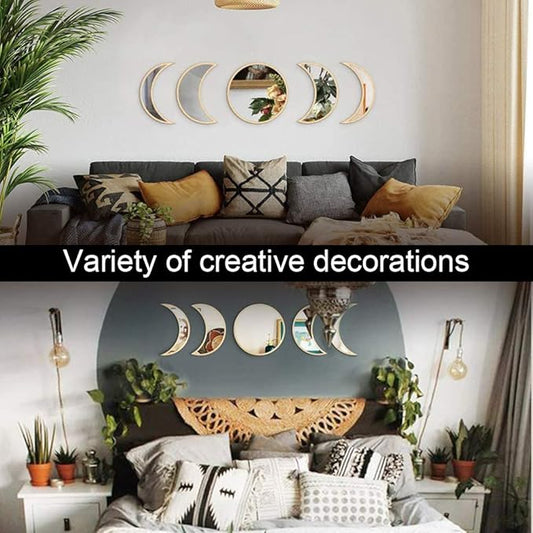 5 pcs Moon Phase Mirror Set Acrylic Wall Decorative Interior Design Wooden Moon Phase Mirror Bohemian Wall Decoration for Home Living Room Bedroom - Not Real Mirror (B)