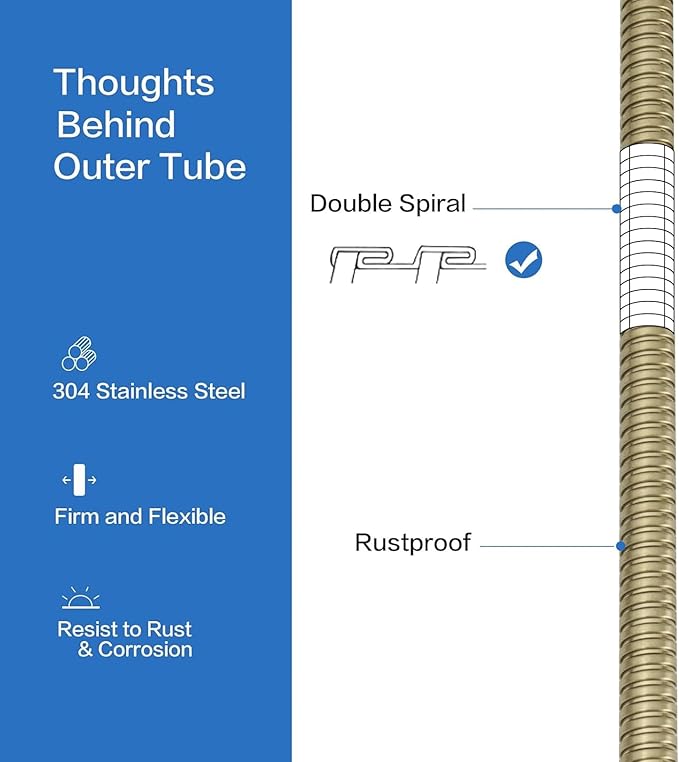 RUMOSE Shower Hose 79 inches Extra Long Stainless Steel Shower Tube Attachment Flexible Handheld Shower Sprayer Hose, Brushed Gold