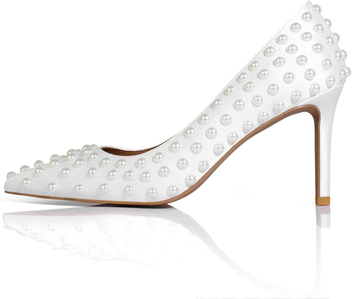 Women Sexy Stiletto High Heel Pumps Chic Pearl Studded Slip-on Shoes Satin Pointed Toe Fashion Dress Pumps Size 5-12 US