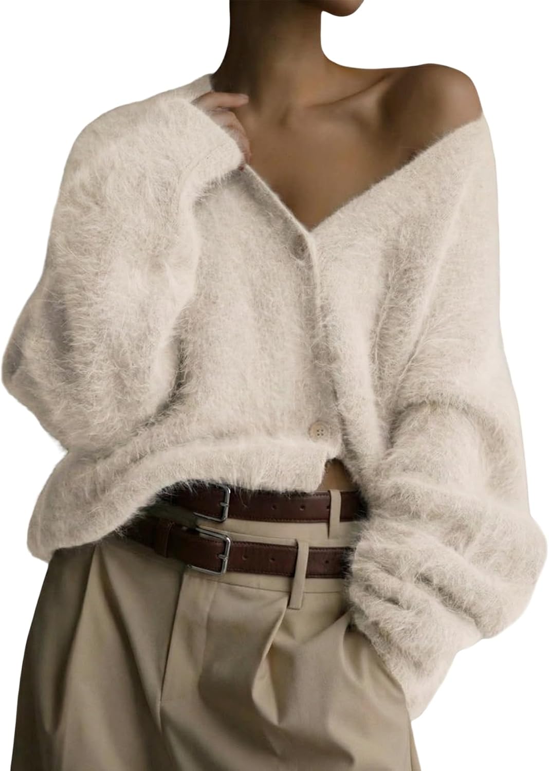 Womens Fuzzy Cardigan Sweater V Neck Long Sleeve Button Down Slouchy Furry Knit Sweaters 2026