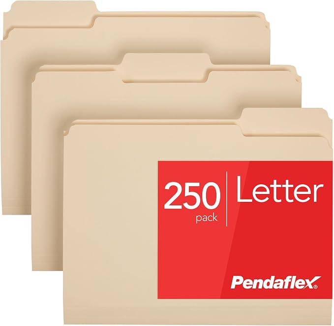 Pendaflex File Folders, 250-Pack, Letter Size, Manila, 1/3-Cut Tabs, Premium Paper Folders for File Cabinets, Home, Office & Classroom Document Organization, 3-Tab Letter File Folders