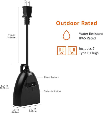 Basics Outdoor Smart Plug with 2 Individually Controlled Outlets, Works with Alexa Only, 2.4 GHz Wi-Fi, No Hub Required, Black