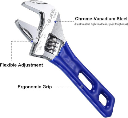 HARFINGTON 1pcs Adjustable Wrench 4" Jaw 0.9" with Rubber Handle, SilverBlue