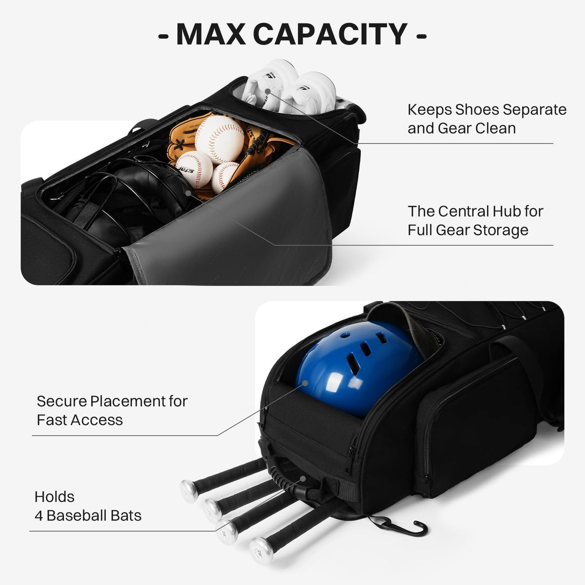 AUROTIER Large Rolling Baseball Catchers Gear Bag with Wheels, Wheeled Softball Bag for 4 Bats with Fence Hooks Waterproof Pocket Shoe Compartment for T-Ball Adult, Baseball Equipment Duffle Bag