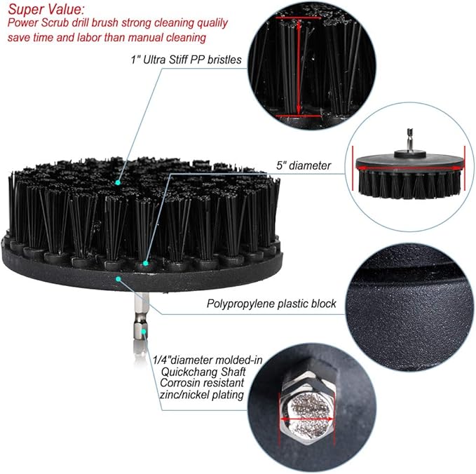 HIFROM 5" Ultra Stiff Drill Power Scrubbing Cleaning Scrub Brushes for Heavy Duty Loose Paint Stripping, Rust Removal and Heavy Duty Scrubbing, Graffiti Remover for Stone, Cement, Brick Walls