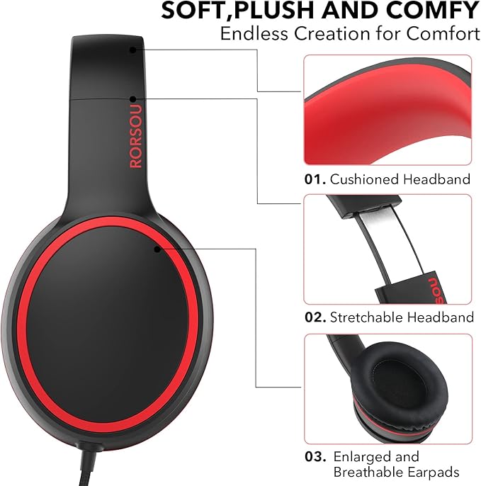 RORSOU R10 - Over-ear headphones with microphone, lightweight foldable stereo headphones with 1.5M tangle-free cable, portable wired headphones for smartphone, tablet, MP34 computer