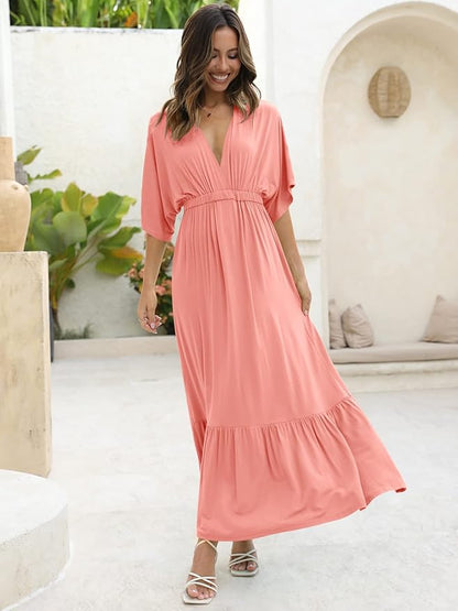 DEEP SELF Women’s Summer V Neck Batwing Short Sleeve Maxi Dress Casual Loose High Waist Flowy Long Beach Dress