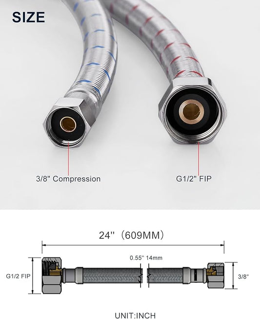 24'' Long Faucet Connector, Stainless Steel Braided cUPC Faucet Supply Lines G12" FIP x 38" Compression Sink Hose Attachment Toilet Water Hose Replacement Parts 2 PCS