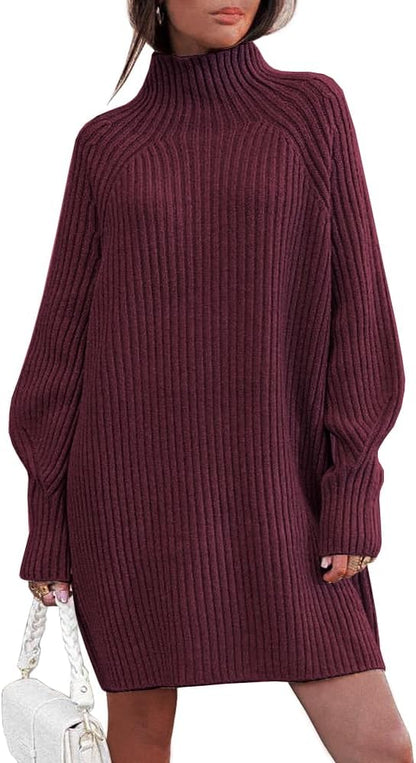 LILLUSORY Sweater Dresses for Women 2026 Fall Fashion Mock Neck Long Lantern Sleeve Oversized Outfits Knit Tops Clothes