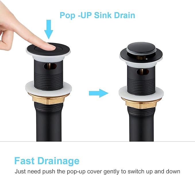 CREA Bathroom Sink Drain, Bathroom Sink Stopper with Drain Hair Catcher Pop Up Drain 1 12" for Bathroom Vanity Kitchen Sink with Overflow, Matte Black
