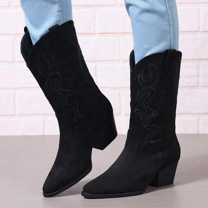 Bplangat Cowboy Boots for Women Cowgirl Mid Calf Western Style Embroidery Stitched Low Chunky Heel Ladies Fashion Boots, US Size 5-11.