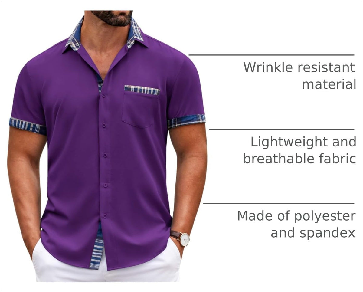 COOFANDY Medium Mens Short Sleeve Button Down Shirts Casual Wrinkle Free Dress Shirt Plaid Collar Summer Shirts