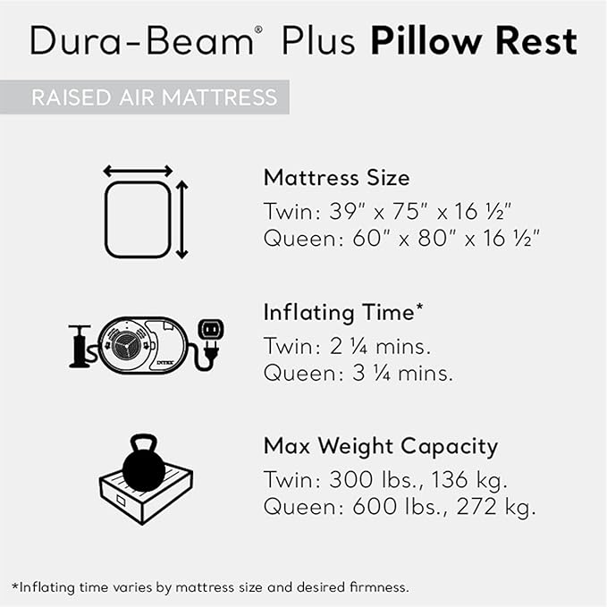 Intex 64123ED Dura-Beam Plus Pillow Rest Fiber-Tech  Queen Size  Built-in Electric Pump  16.5in Bed Height  600lb Weight Capacity