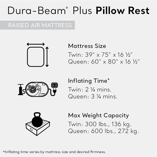 Intex 64123ED Dura-Beam Plus Pillow Rest Fiber-Tech  Queen Size  Built-in Electric Pump  16.5in Bed Height  600lb Weight Capacity