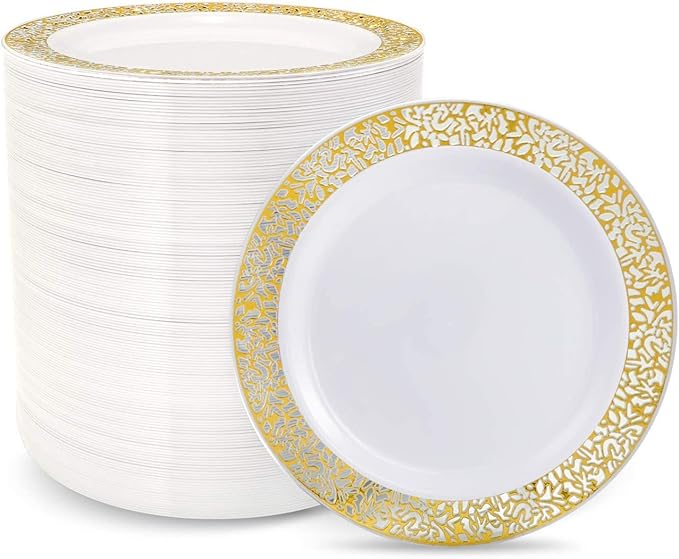 supernal 100pcs Gold Plastic Plates, 10.25" Plastic Dinner Plates, White Plastic Plates with Gold Rim,Gold Lace Plates,Gold Plastic Plates for Weddings Celebrations and Parties