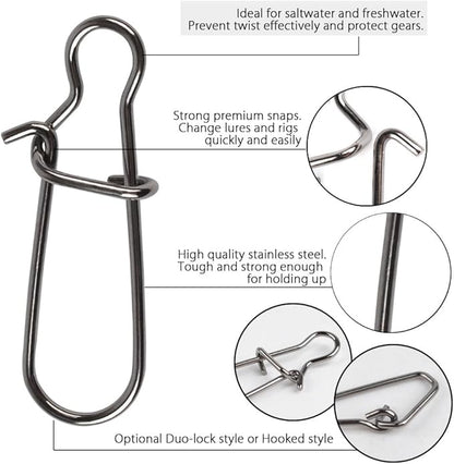 Dr.Fish Fishing Sinker Slides, 30-100 Pack Duo Lock Snap Sliding Swivels Fishing Line Slider Sinker Weight Connectors Saltwater Surf Fishing Rigs Catfishing Sliding Rig Bottom Rigs Fish Finder Rig
