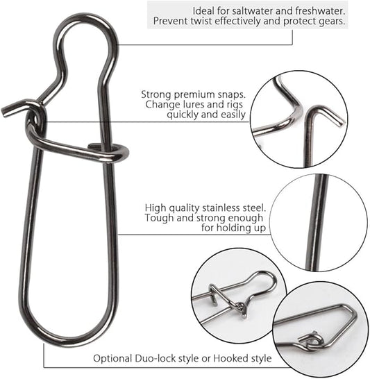Dr.Fish Fishing Sinker Slides, 30-100 Pack Duo Lock Snap Sliding Swivels Fishing Line Slider Sinker Weight Connectors Saltwater Surf Fishing Rigs Catfishing Sliding Rig Bottom Rigs Fish Finder Rig