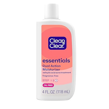 Clean Clear Essentials Dual Action Oil-Free Facial Moisturizer, Salicylic Acid Acne Treatment with Pro-Vitamin B5 Moisturizes While Treating Acne  Helping to Prevent Pimples, 4 fl. oz, 3 Pack