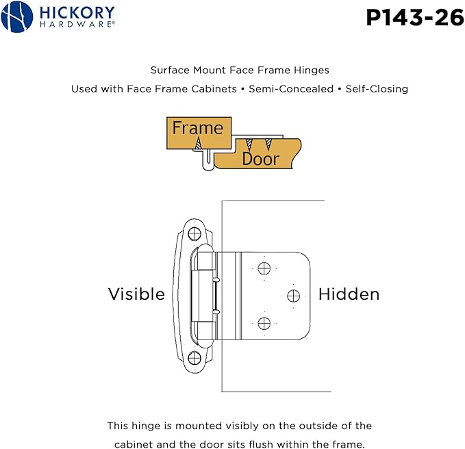 Hickory Hardware P143-26 Variable Overlay 38 Inch Inset Self-Closing Collection Cabinet Hinge 170 Opening - Easy Installation - Surface Face Frame Mounting - Chrome Finish 1 Set of Pair