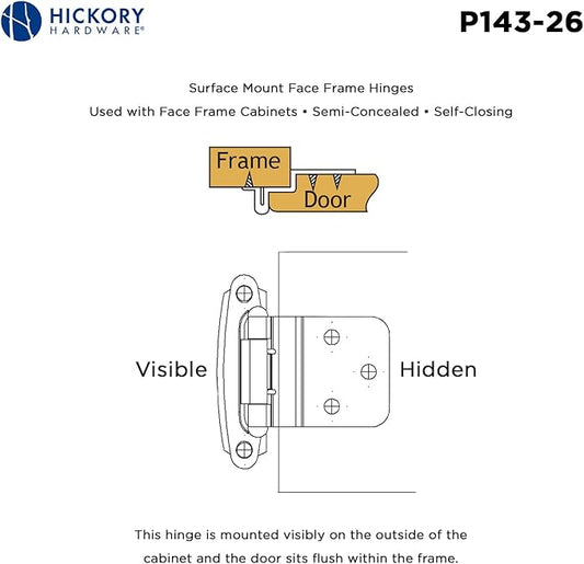 Hickory Hardware P143-26 Variable Overlay 38 Inch Inset Self-Closing Collection Cabinet Hinge 170 Opening - Easy Installation - Surface Face Frame Mounting - Chrome Finish 1 Set of Pair