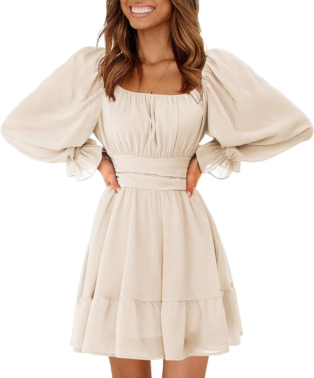 Yellow, Size Small EXLURA Women's 2026 Casual Long Lantern Sleeve Dresses Square Neck Ruffle Tie Back Elastic Waist Aline Short Mini Dress