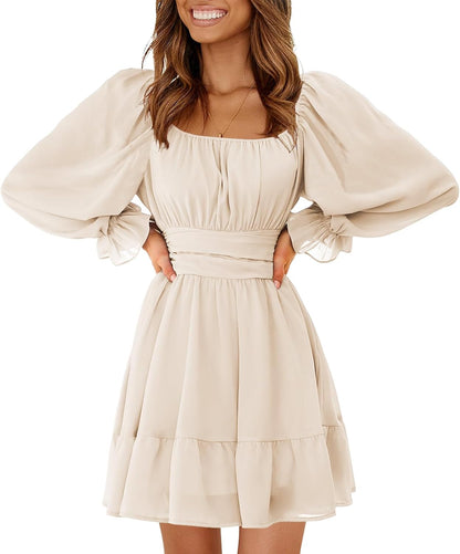 Yellow, Size Small EXLURA Women's 2026 Casual Long Lantern Sleeve Dresses Square Neck Ruffle Tie Back Elastic Waist Aline Short Mini Dress