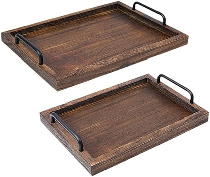 2Pcs Rustic Wooden Serving Trays Farmhouse Decor Multipurpose Rectangular Serving Platters with Handles for Food Tea Coffee, black brown
