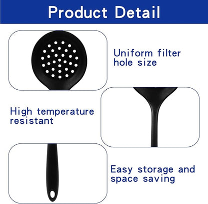 BokWin 1 Pcs Round Slotted Spoon Heat Resistant Silicone Strainer Spoon Non Stick Skimmer Spoon for Cooking Vegetable(Black)