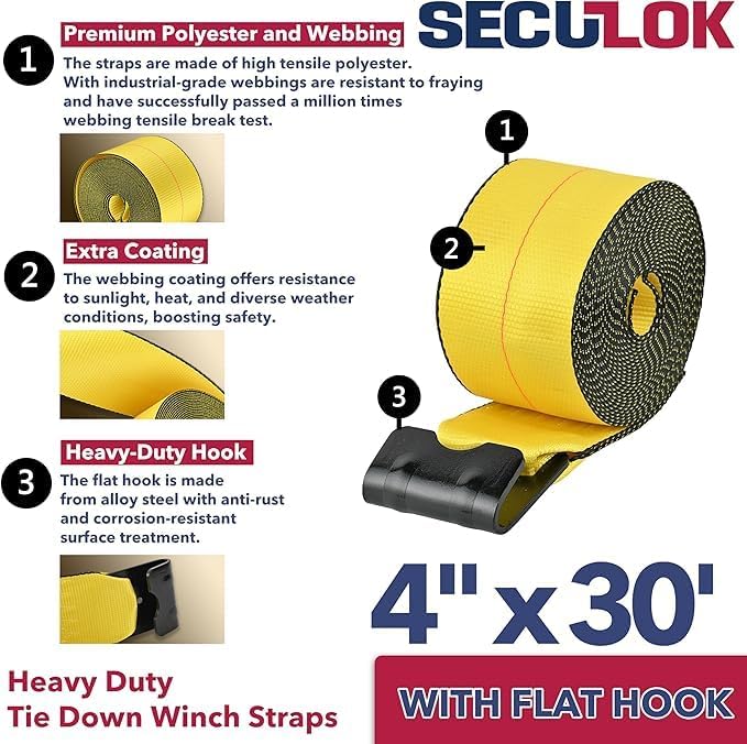 4" x 30' Winch Straps for Flatbed Trailer with Flat Hooks | Yellow Heavy Duty Tie Down Strap w/Flat Hooks | 5,400 Lbs WLL Cargo Control Accessories for Gooseneck Trailers & Tow Trucks, 1 Pack