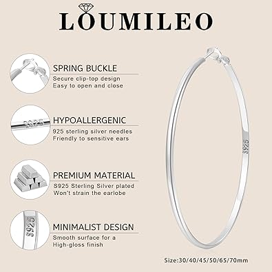 LOUMILEO 925 Sterling Silver Hoop Earrings Big Silver Hoop Earrings Hypoallergenic Large Thin Hoop Earrings for Women Lightweight Silver Hoops Earrings for Women (3040456570mm)