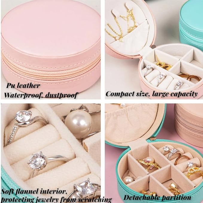 Round Small Jewelry Box Pu Leather Travel Jewelry Organizer for Women 2pcs Mini Travel Jewelry Storage Organizer Case Round for Necklace Earrings Valentine's Day Gift (Pink)