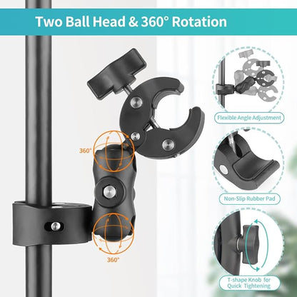 Double Clamp Mount with 360°Magic Arm Umbrella Pole Clamp for Chair Monitor Desk Photo Studio Light Stand, Photography Reflector, Strollers, Motorcycle, Flag Holder Mount, Cross Bar, Photo Boom Stand