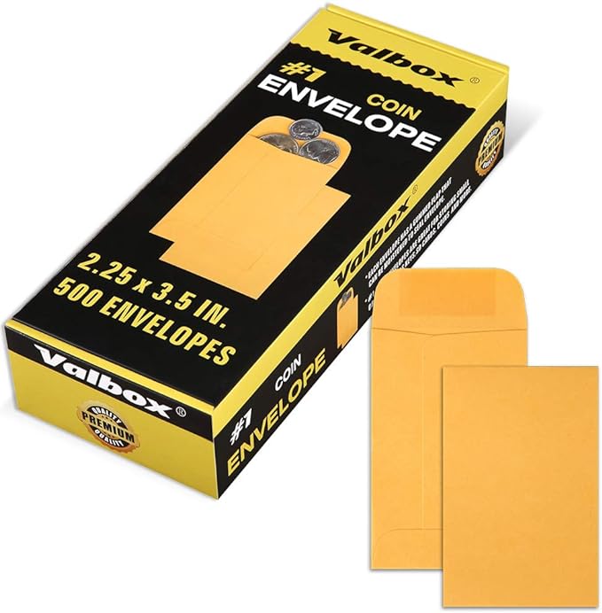 ValBox Coin Envelopes Small Parts Envelope with Gummed Flap for Home, Garden or Office Use, Kraft Seed Envelopes 500 per Box (Brown, 1 (2.25x3.5 Inches))