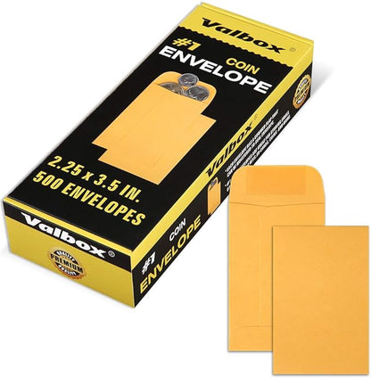 ValBox Coin Envelopes Small Parts Envelope with Gummed Flap for Home, Garden or Office Use, Kraft Seed Envelopes 500 per Box (Brown, 1 (2.25x3.5 Inches))