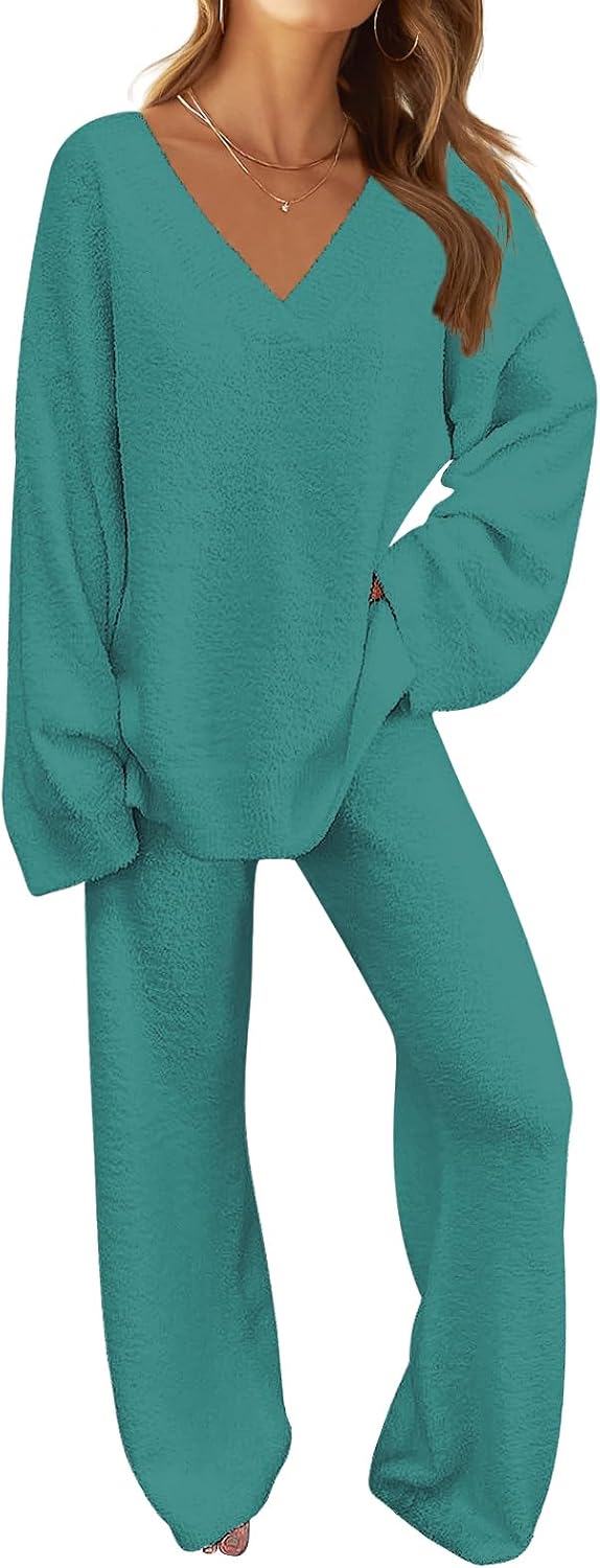 MEROKEETY Women's Lounge Sets 2025 Fall Fashion 2 Piece Outfits Sweater Pajama Set Fuzzy Loungewear Matching Winter Clothes