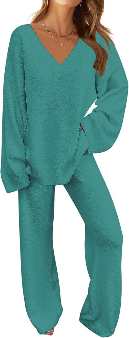 MEROKEETY Women's Lounge Sets 2025 Fall Fashion 2 Piece Outfits Sweater Pajama Set Fuzzy Loungewear Matching Winter Clothes