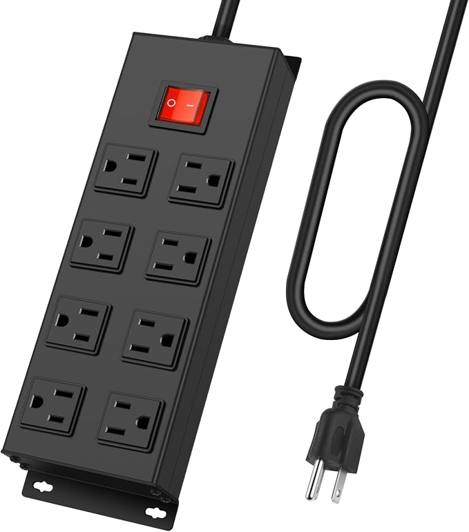 Metal Magnetic Power Strip, 8 Outlet Mountable Socket, Wall Mount Heavy Duty Surge Protector, Catering for Your Every Need, Gaming Table Outlet with 6 FT Power Cord.(Black)