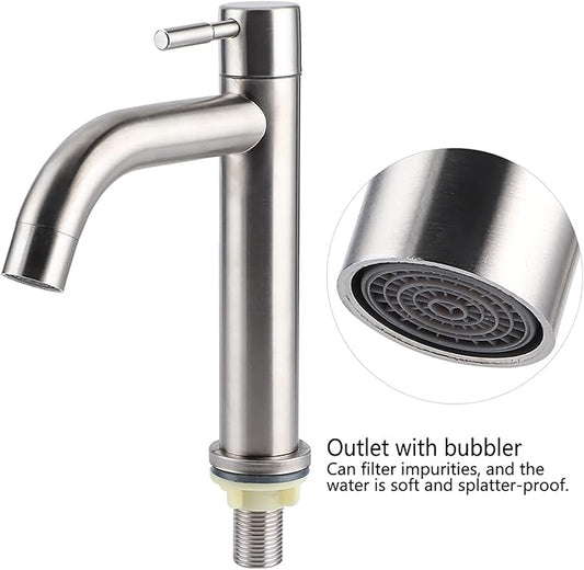 G1/2 Brushed Faucet, Stainless Steel Single Cold Faucet Wash Basin Water Tap Wrench Type Bathroom Faucet for Home Kitchen Bathroom Accessory (Cylinder Single Cold Faucet)