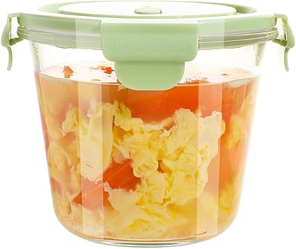 1-Cup24 Ounce Glass Food Storage Containers, Round Glass Soup Container with Airtight Lids, Leak-proof Soup Stew Food Storage and Meal Prep Container, Microwave Freezer Safe, 1pcs(Green)