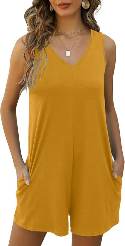 Women's Summer V Neck Tank Top Romper Sleeveless Loose Casual Shorts Jumpsuit Overalls with Pockets 2025 Clothes