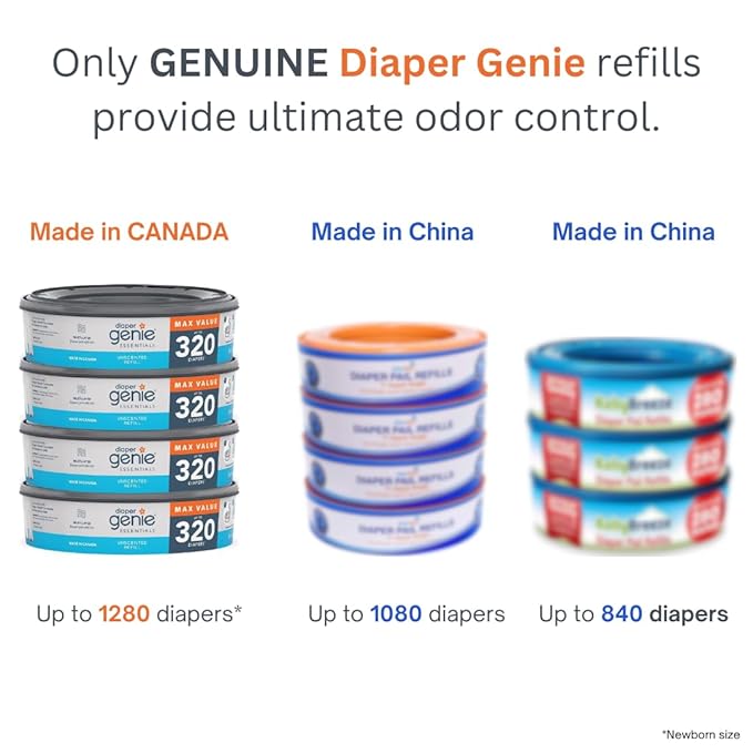 Diaper Genie Essentials Round Refill Pack of 4  Holds Up to 1280 Newborn Diapers  Features Unscented Continuous Film  Compatible with Diaper Genie Complete and Expressions Pails