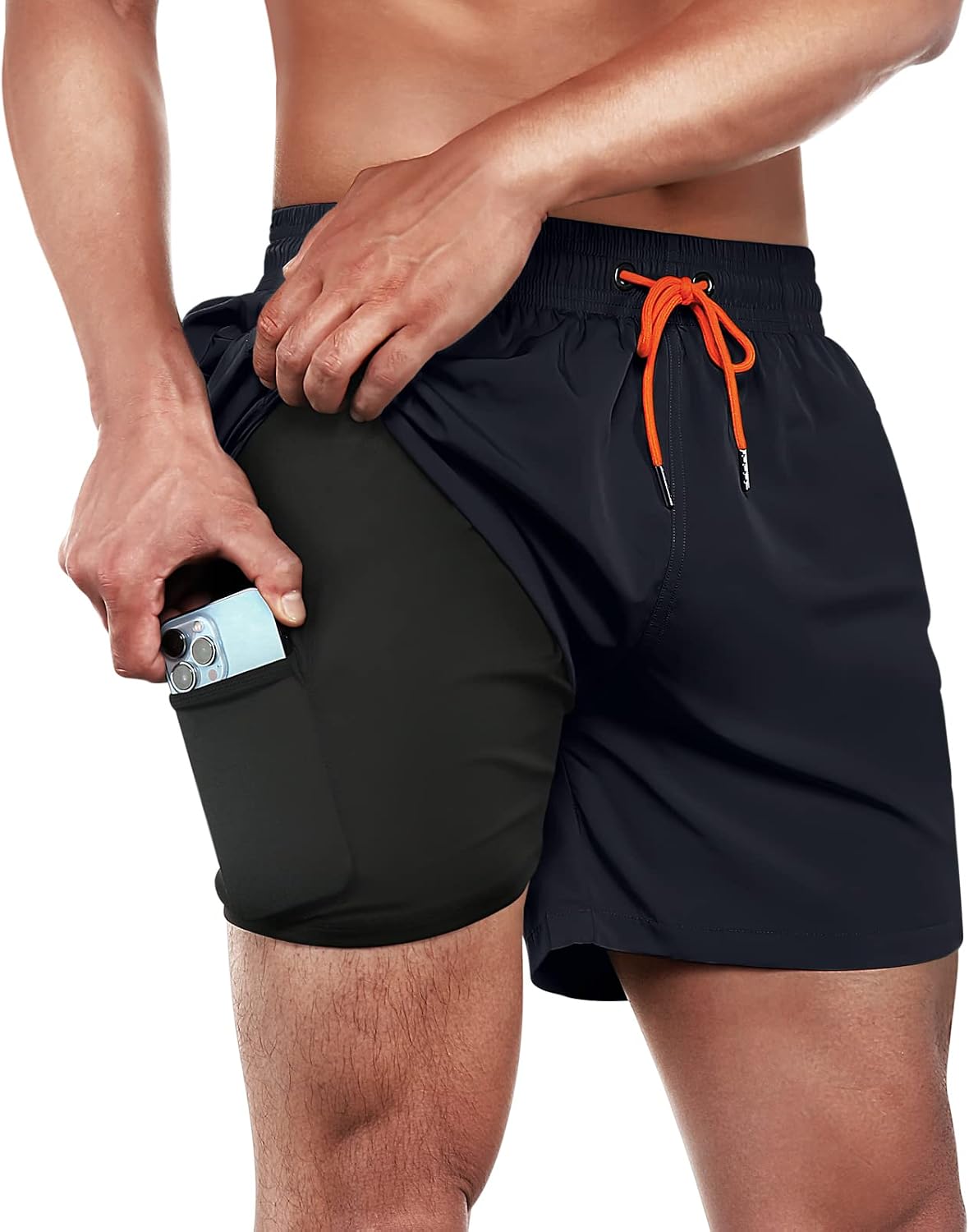 BRISIRA Mens Swim Trunks Swim Shorts Quick Dry 5 inch Inseam Beach Shorts with Compression Liner and Zipper Pocket( Size 2XL )