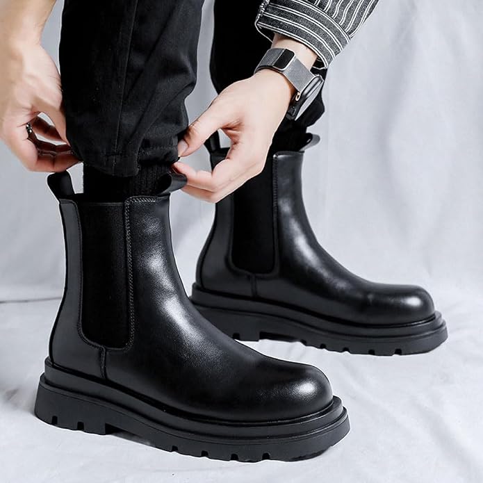 MANLADUO Chelsea Boots for Men with Thick Soles, British Style Elastic High-Top Boots, Men's Leather Shoes