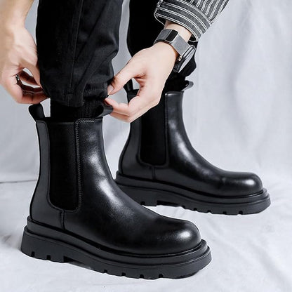 MANLADUO Chelsea Boots for Men with Thick Soles, British Style Elastic High-Top Boots, Men's Leather Shoes