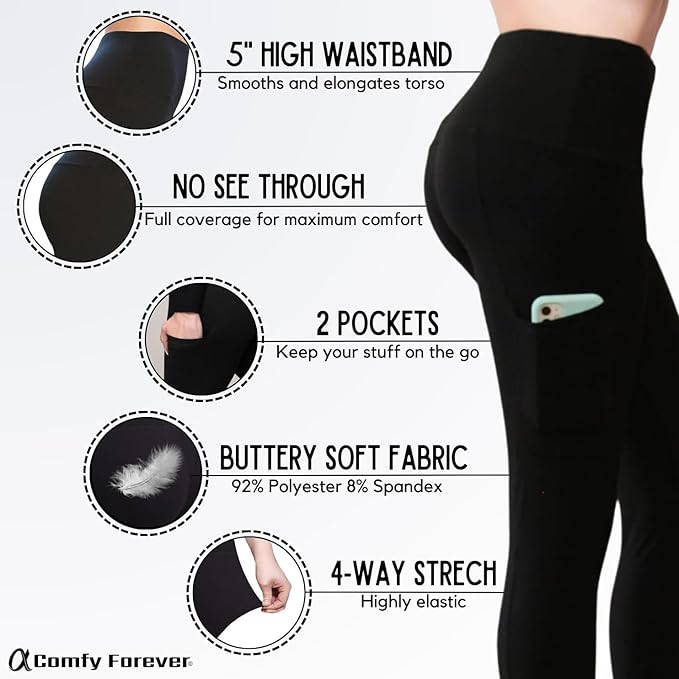 COMFY FOREVER Pocket Leggings for Women W/5' High Waist Tummy Control Ankle Length Pants