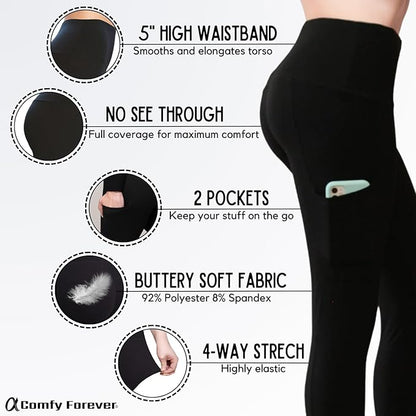 COMFY FOREVER Pocket Leggings for Women W/5' High Waist Tummy Control Ankle Length Pants