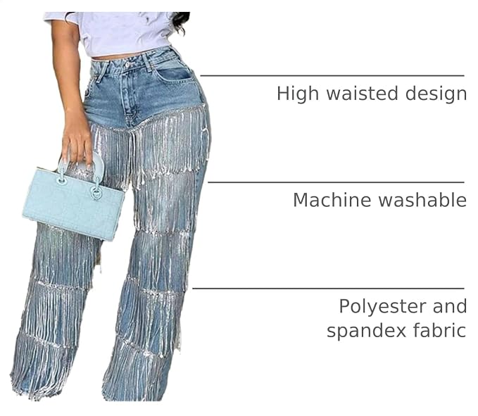 pnahip Women's High Waisted Sequin Fringe Jeans Baggy Straight Leg Sparkly Tassels Denim Pants Y2K Streetwear