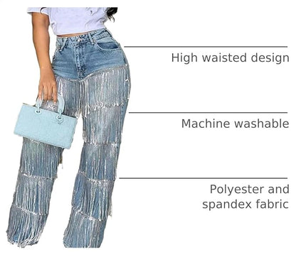 pnahip Women's High Waisted Sequin Fringe Jeans Baggy Straight Leg Sparkly Tassels Denim Pants Y2K Streetwear