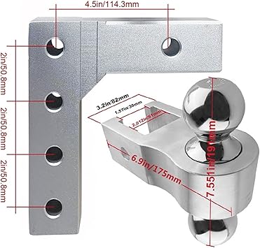 Trailer Hitches Tow Accessories, Aluminum 4 Levels Adjustable 6" Trailer Raise Drop WTow Hook Double Ball Mount 2 Inch Standard Receiver Parts for RV,SUV, ATV and Truck etc